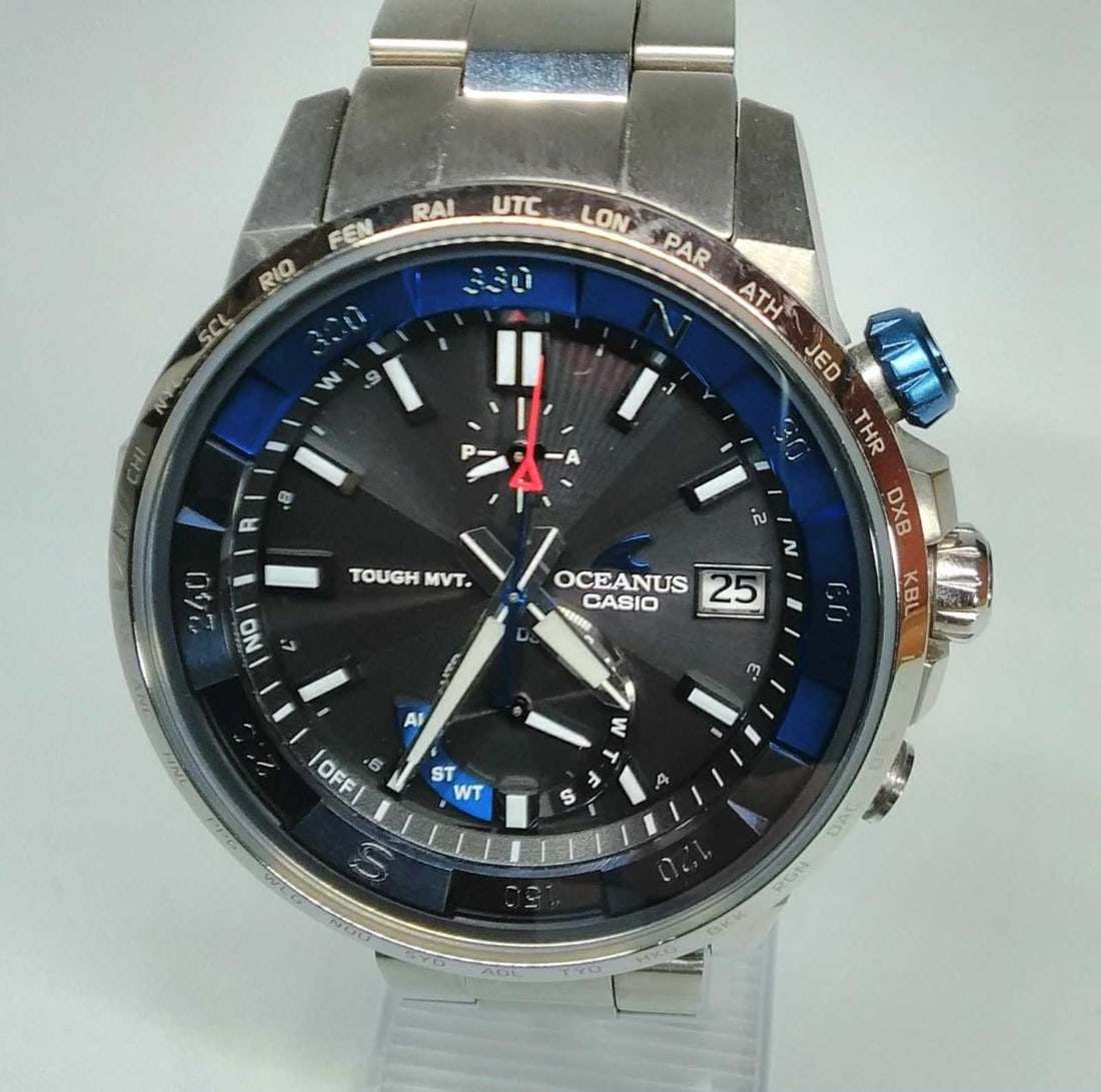 CASIO OCW-P1000 Oceanus mens titanium solar chronograph wristwatch: CASIO OCW-P1000 Oceanus mens titanium solar chronograph wristwatch Pre-owned CASIO OCEANUS men's analog solar chronograph wristwatch with a titanium case and titanium band. This Japan-made model featu