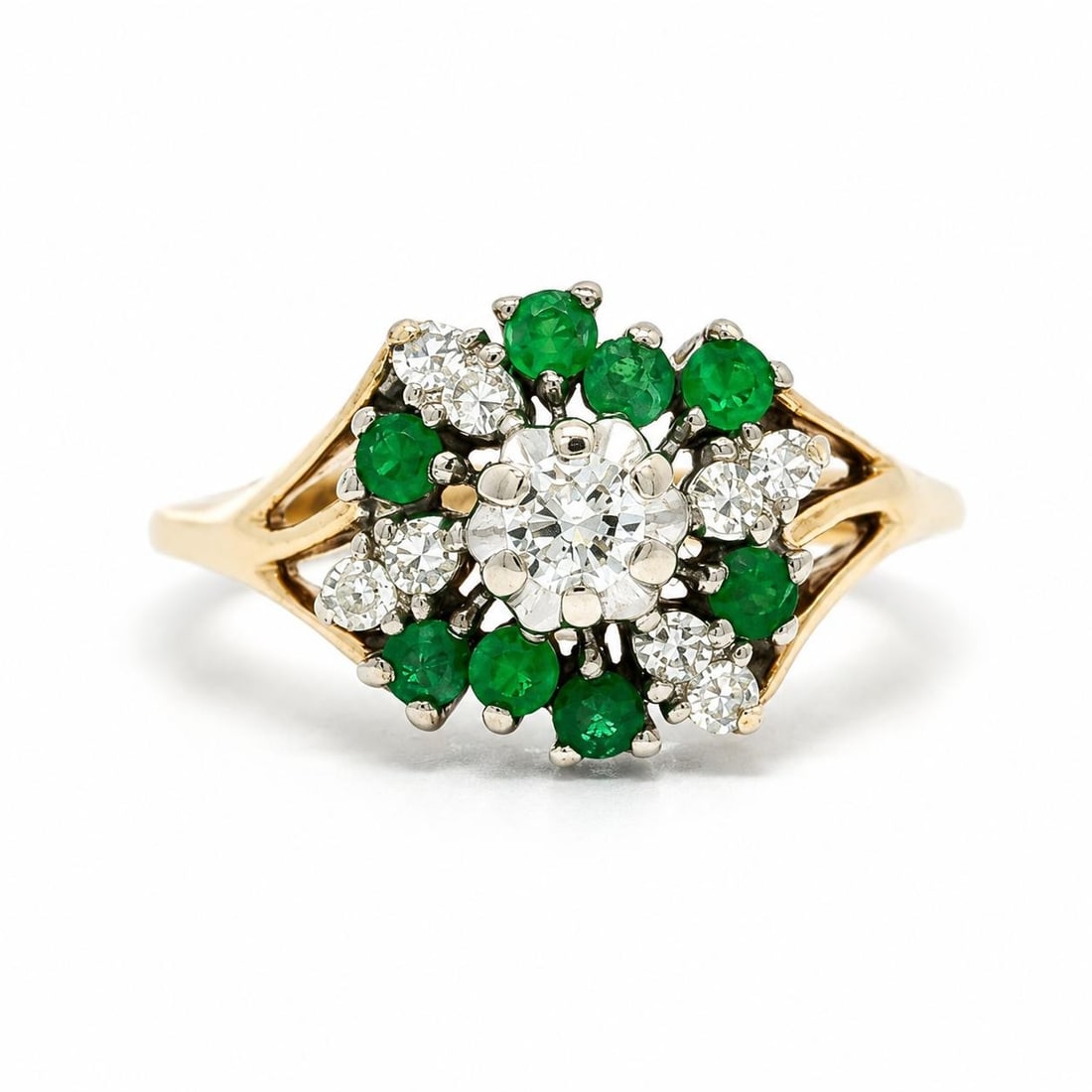Unbranded 14k Yellow White Gold Cocktail Ring with Diamonds and Emeralds: Unbranded 14k Yellow White Gold Cocktail Ring with Diamonds and Emeralds Vintage flower cluster cocktail ring crafted in solid 14k yellow and white gold, set with natural diamonds and natural emeralds
