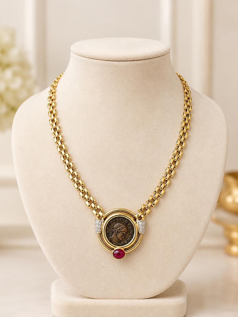 Unbranded 14k Yellow Gold Panther Link Necklace Ancient Coin Ruby Diamond Pendant: Unbranded 14k Yellow Gold Panther Link Necklace Ancient Coin Ruby Diamond Pendant Vintage necklace featuring an ancient coin pendant set with a natural ruby and diamond accents on a panther link chain