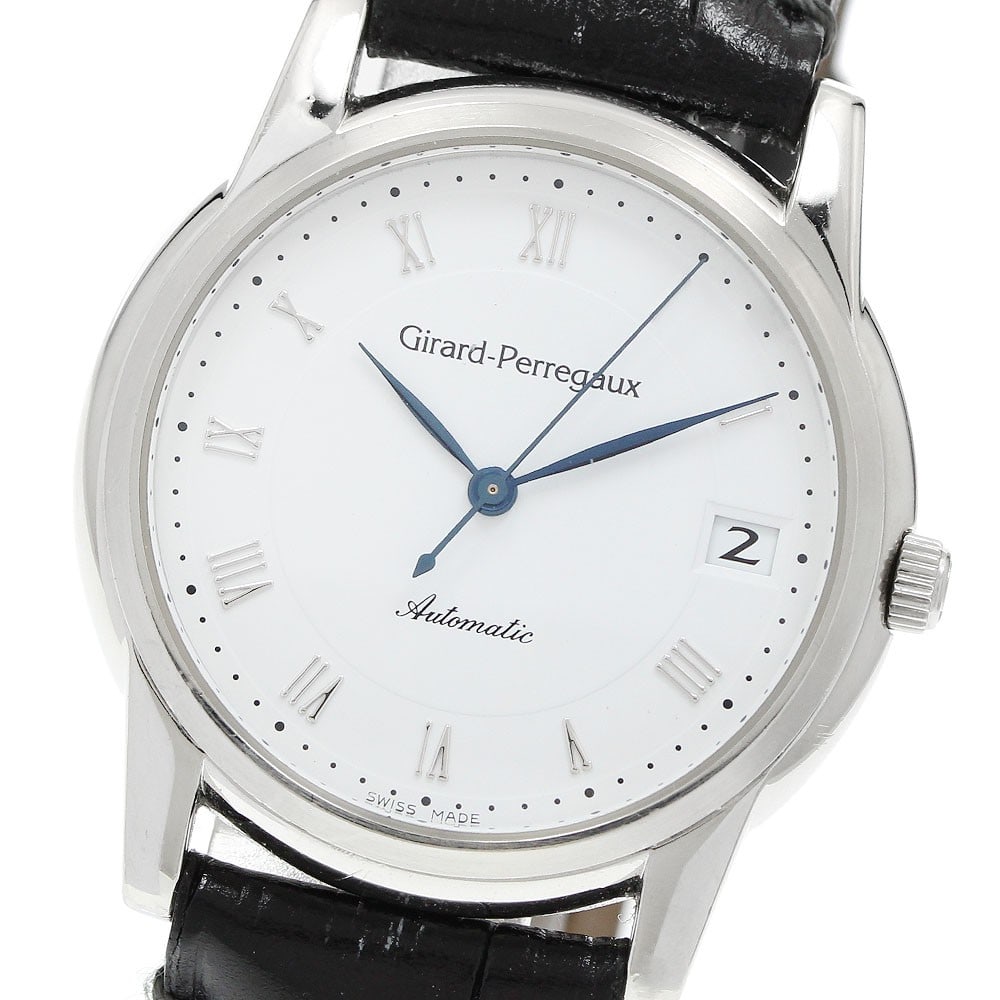 Girard Perregaux Ref 9043 Mens Automatic Date Wristwatch: Girard Perregaux Ref 9043 Mens Automatic Date Wristwatch GIRARD PERREGAUX 9043 men's automatic wristwatch with date function. This pre-owned watch features a stainless steel case, white dial, and leat