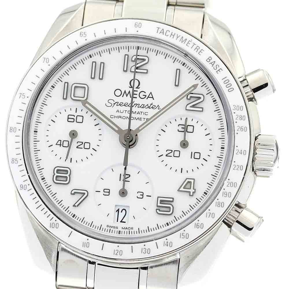 Omega Speedmaster White Dial Automatic Chronograph Date 38mm: Omega Speedmaster White Dial Automatic Chronograph Date 38mm This OMEGA Speedmaster Chronograph wristwatch features a stainless steel case and bracelet with a white dial. Designed for men, it is power