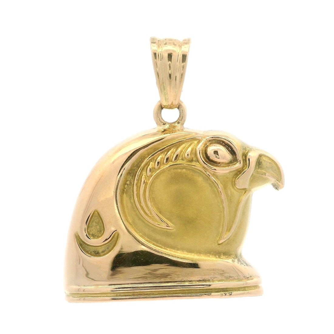 18K Yellow Gold Cairo Falcon Bird Pendant Dual Finish: 18K Yellow Gold Cairo Falcon Bird Pendant Dual Finish This exquisite pendant features a puffed dual finish design of a Cairo Falcon, meticulously crafted from 18K solid yellow gold. Weighing 5 grams, 