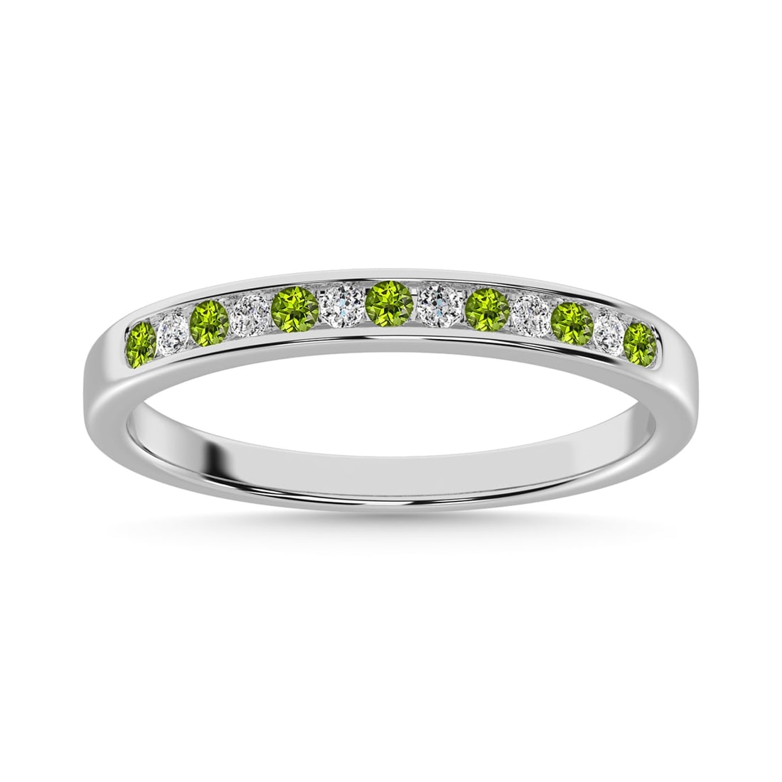 Peridot and Alternate Diamond 1/5 Ct.Tw. Ladies Machine Band in 14K White Gold: Peridot and Alternate Diamond 1/5 Ct.Tw. Ladies Machine Band in 14K White Gold 14k White Gold Stone Color: G-h Stone Clarity: Si2 Each ring is presented in standard size 6.5. Complimentary resizing is