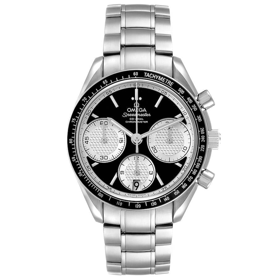 Omega Speedmaster Racing Mens Watch Ref. 326.30.40.50.01.002 Steel Bracelet: Omega Speedmaster Racing Mens Watch Ref. 326.30.40.50.01.002 Steel Bracelet Omega Speedmaster Racing wristwatch featuring a black and white chronograph dial, fixed bezel, and stainless steel bracelet.
