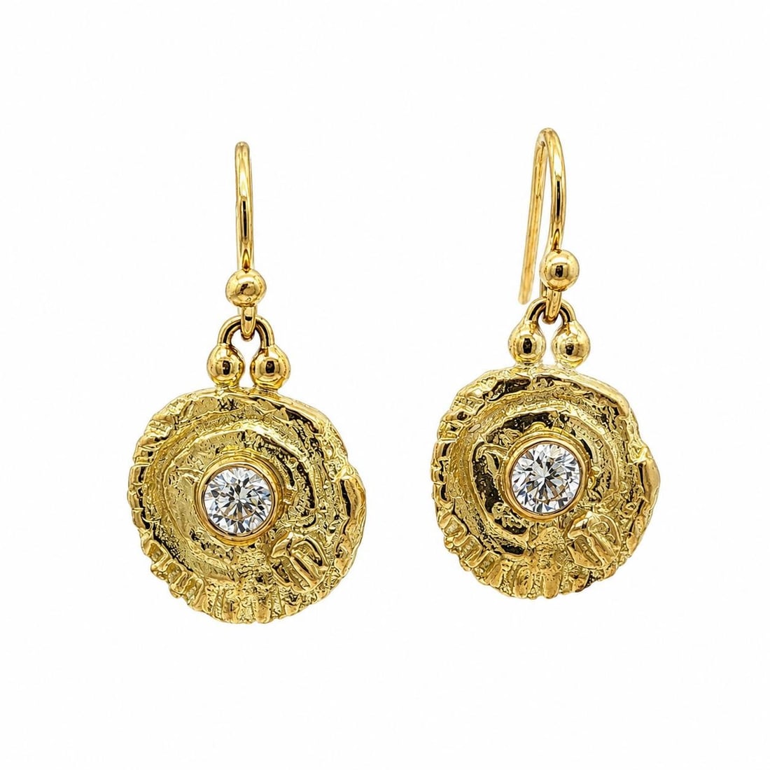 18k Yellow Gold Freeform Coin Dangle Earrings with Bezel Set Diamonds: 18k Yellow Gold Freeform Coin Dangle Earrings with Bezel Set Diamonds Vintage handmade dangle/drop earrings in 18k yellow gold with a freeform coin design and bezel-set natural diamonds. The earrings 