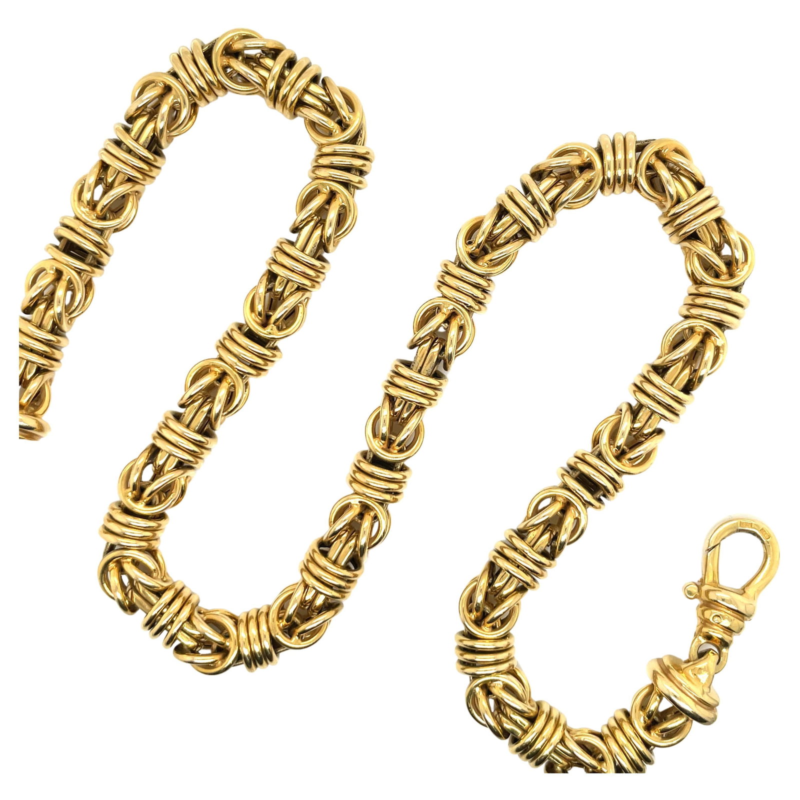 14K Yellow Gold Byzantine Wide Necklace 70g 18.5in Made in Italy: 14K Yellow Gold Byzantine Wide Necklace 70g 18.5in Made in Italy This stunning 14 Karat Yellow Gold Byzantine Wide Necklace showcases a contemporary design with a beautiful Byzantine motif. Weighing 7