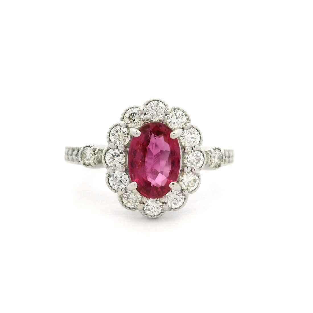 Platinum AIGS Certified 1.74ct Oval Ruby Diamond Halo Ring: Platinum AIGS Certified 1.74ct Oval Ruby Diamond Halo Ring This exquisite cocktail ring features a stunning natural oval ruby at its center, boasting a vibrant reddish pink hue with no heat treatment.