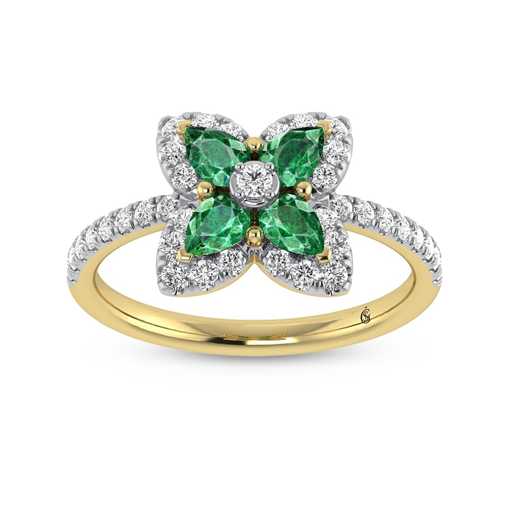 14K Yellow Gold Diamond 7/8 Ct.Tw. & Emerald Fashion Ring: 14K Yellow Gold Diamond 7/8 Ct.Tw. & Emerald Fashion Ring 14k Yellow Gold Stone Color: G-h Stone Clarity: Si2 Each ring is presented in standard size 6.5. Complimentary resizing is available between s