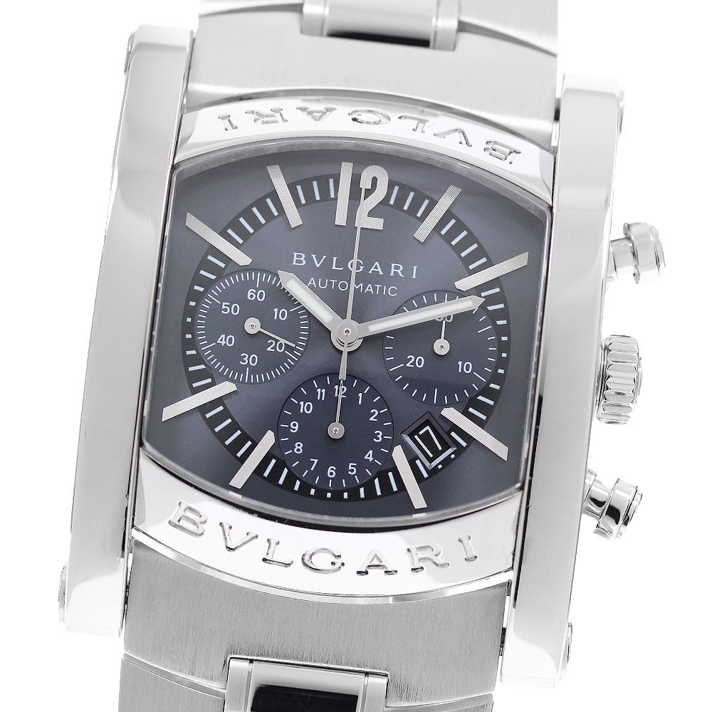 BVLGARI Assioma AA44SCH mens automatic chronograph watch date: BVLGARI Assioma AA44SCH mens automatic chronograph watch date Pre-owned BVLGARI Assioma men's wristwatch with automatic movement, chronograph, date, and small seconds functions. It features a navy dia