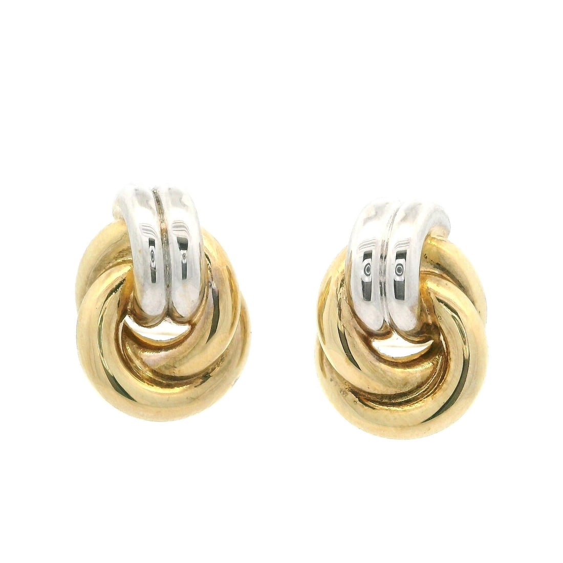 18k Yellow and White Gold Knot Stud Earrings with Butterfly Backs: 18k Yellow and White Gold Knot Stud Earrings with Butterfly Backs These elegant stud earrings feature a polished tube knot design crafted in solid 18k yellow and white gold. Designed for women, the ea