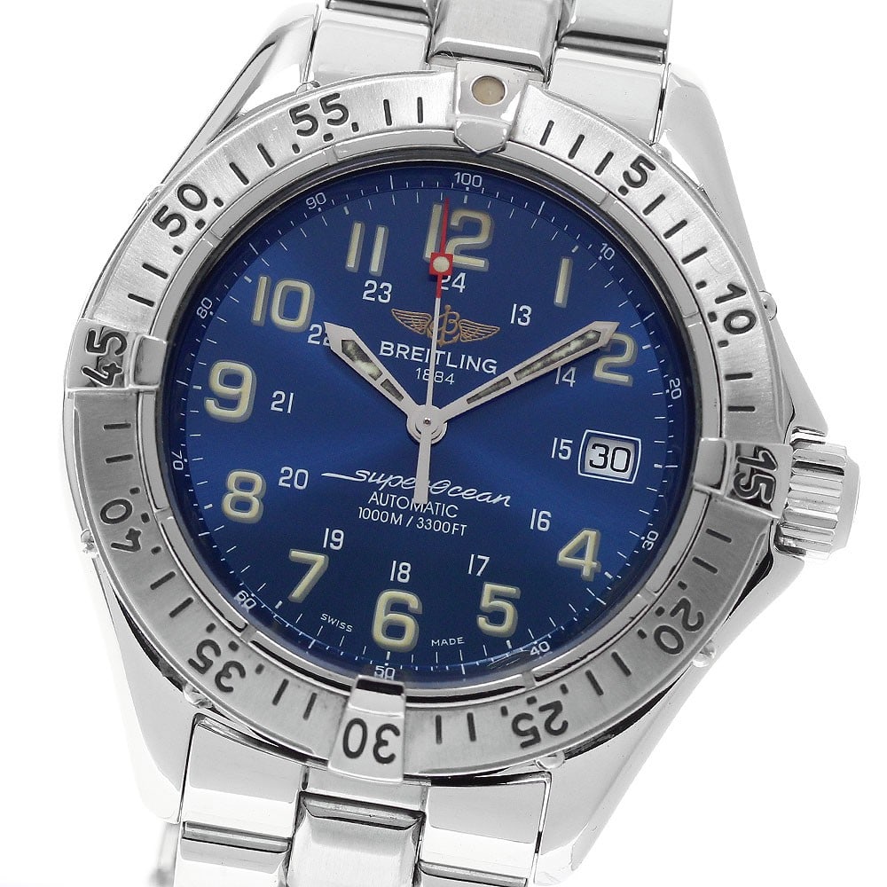 Breitling Superocean A17040 mens automatic date wristwatch: Breitling Superocean A17040 mens automatic date wristwatch Breitling Superocean Date automatic men's wristwatch, pre-owned and made in Switzerland. It features a stainless steel case and bracelet, blu
