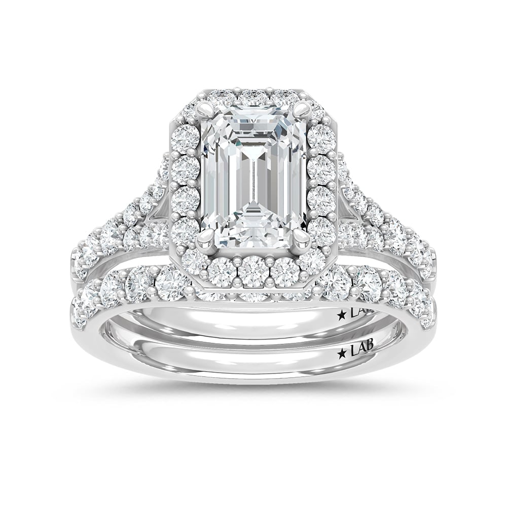14K White Gold 3 Ct.Tw. Lab Grown Diamond Emerald Shape Bridal Ring (IGI Certified Center 2ct: 14K White Gold 3 Ct.Tw. Lab Grown Diamond Emerald Shape Bridal Ring (IGI Certified Center 2ct Emerald) 14k White Gold Stone Color: D-f Stone Clarity: Vs Each ring is presented in standard size 6.5. Co