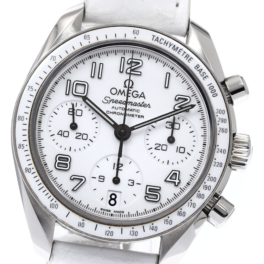 OMEGA Speedmaster 324.33.38.40.04.001 Ladies Chronograph Date Watch: OMEGA Speedmaster 324.33.38.40.04.001 Ladies Chronograph Date Watch Pre-owned OMEGA Speedmaster Date Chronograph ladies wristwatch with a white dial and automatic movement. This Swiss-made watch featu