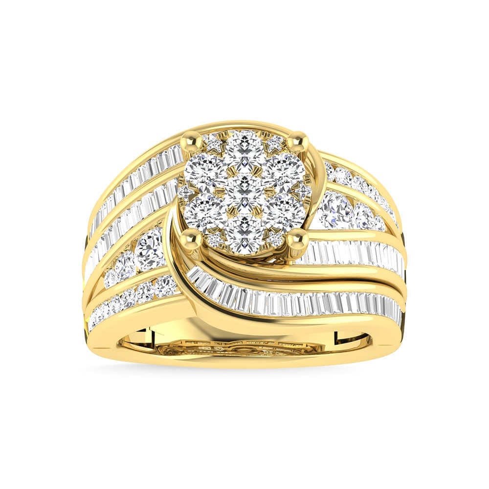 Diamond 2 Ct.Tw. Cluster Engagement Ring in 14K Yellow Gold: Diamond 2 Ct.Tw. Cluster Engagement Ring in 14K Yellow Gold 14k Yellow Gold Stone Color: G-h Stone Clarity: I2 Each ring is presented in standard size 6.5. Complimentary resizing is available between 