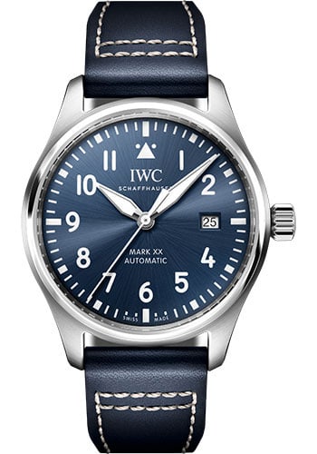 IWC IW328203 Pilot's Watch Mark XX Mens Blue Dial Leather Strap Card: IWC IW328203 Pilot's Watch Mark XX Mens Blue Dial Leather Strap Card IWC Pilot's Watch Mark XX wristwatch featuring a blue dial, smooth bezel, and leather strap. Includes card dated 2024. Specificatio