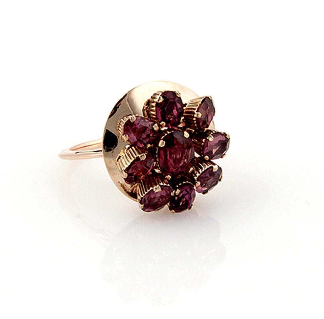 Vintage 14k Rose Gold Pink Tourmaline Cluster Ring Size 7.75: Vintage 14k Rose Gold Pink Tourmaline Cluster Ring Size 7.75 Vintage estate cocktail ring crafted in solid 14k rose gold and set with nine natural pink tourmalines. The ring features a circular movabl