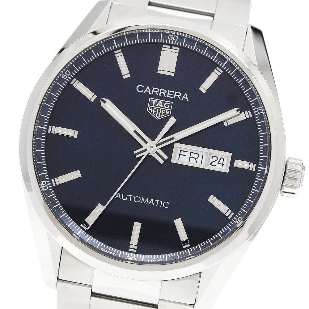 TAG Heuer Carrera Calibre 5 Automatic Day-Date Mens Watch WBN2012.BA0640: TAG Heuer Carrera Calibre 5 Automatic Day-Date Mens Watch WBN2012.BA0640 Pre-owned TAG Heuer Carrera Calibre 5 Day-Date automatic men's wristwatch with a navy dial and stainless steel case and bracele