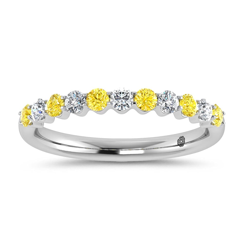 14K White Gold Alternate Lab Grown Yellow and White Diamond 1/2 Ct.Tw. Stackable Band: 14K White Gold Alternate Lab Grown Yellow and White Diamond 1/2 Ct.Tw. Stackable Band Elevate your collection with this exquisite 14K white gold stackable band, featuring an enchanting 1/2 carat total
