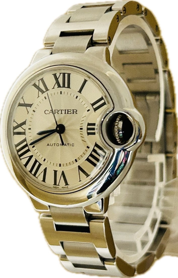 Cartier Ballon Bleu de Cartier Ladies Wristwatch Ref W6920071 3489: Cartier Ballon Bleu de Cartier Ladies Wristwatch Ref W6920071 3489 Pre-owned Cartier Ballon Bleu De Cartier ladies automatic wristwatch with a stainless steel case and bracelet. This analog watch feat