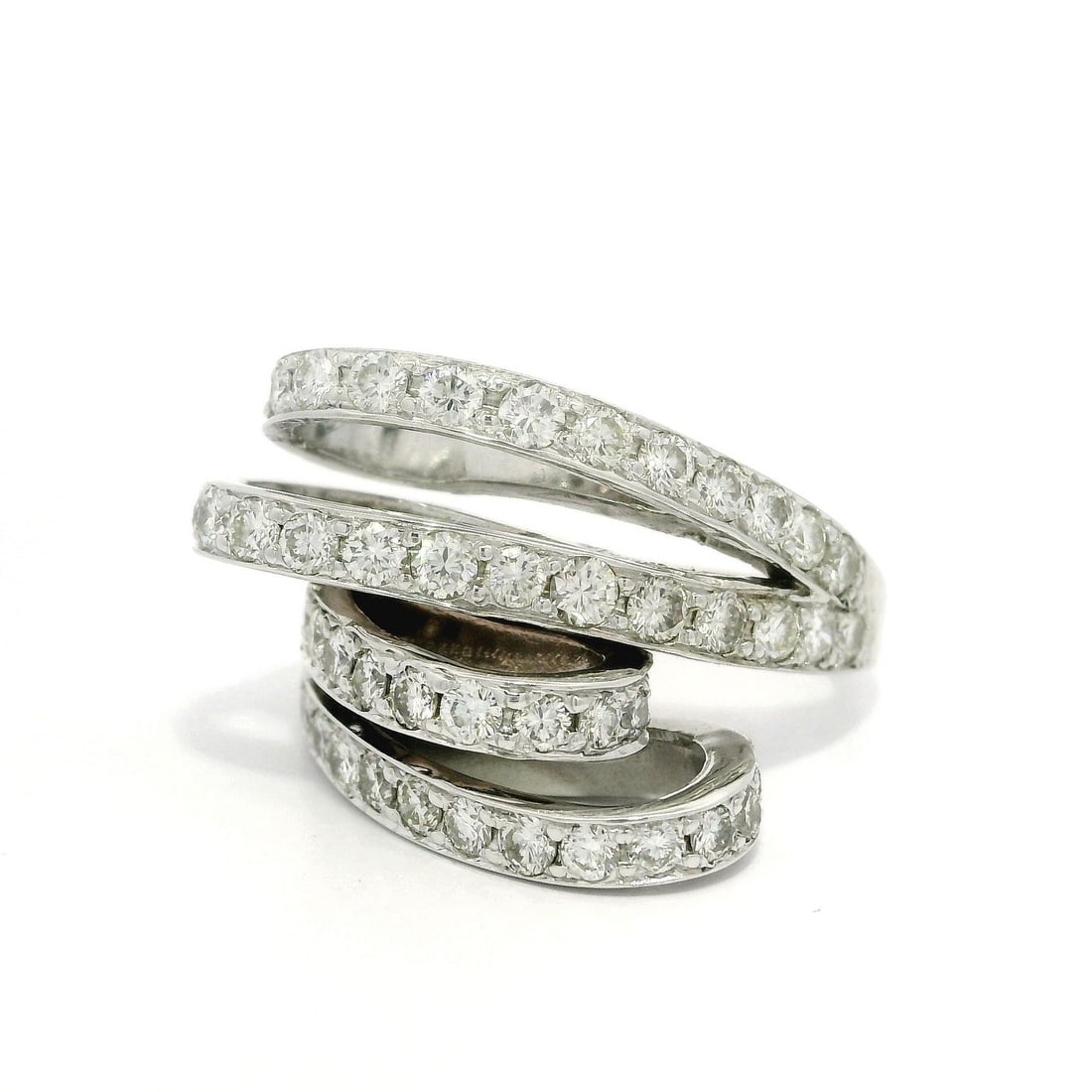 1.50ctw White Gold Bypass Ring with Fiery Round Diamonds: 1.50ctw White Gold Bypass Ring with Fiery Round Diamonds This exquisite bypass ring showcases a stunning array of (60) natural genuine diamonds, expertly crafted in a round brilliant cut and pave set 