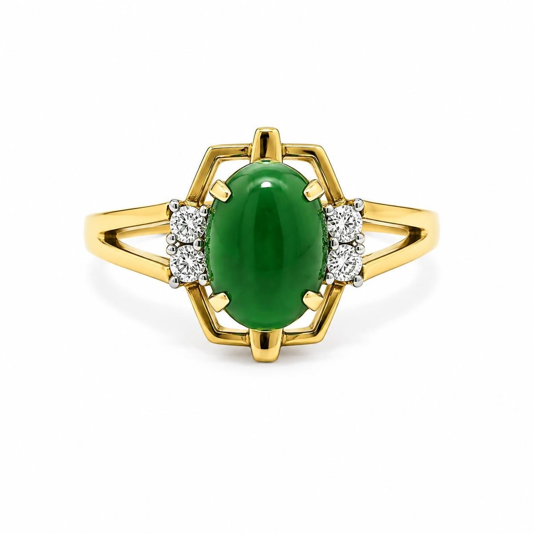 Unbranded 18k Yellow Gold Jade Cabochon Diamond Cocktail Ring: Unbranded 18k Yellow Gold Jade Cabochon Diamond Cocktail Ring Vintage petite cocktail ring crafted in solid 18k yellow gold, featuring an oval natural jade cabochon in a rich green color with four nat