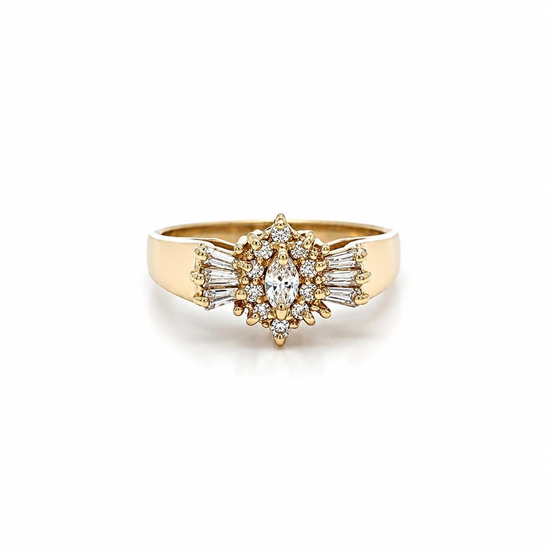Unbranded 14k Yellow Gold Diamond Cocktail Ring Marquise Baguette Round Size 6.5: Unbranded 14k Yellow Gold Diamond Cocktail Ring Marquise Baguette Round Size 6.5 Pre-owned women's cocktail ring crafted in solid 14k yellow gold and set with 17 natural genuine diamonds in marquise b