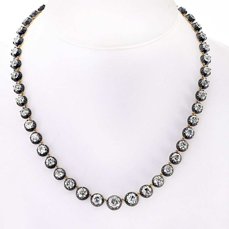Victorian-Style 18K Yellow Gold Silver Necklace 40.01ct Diamonds: Victorian-Style 18K Yellow Gold Silver Necklace 40.01ct Diamonds This exquisite handmade Victorian-style necklace is a true testament to timeless elegance. Crafted from 18K yellow gold and silver, it 