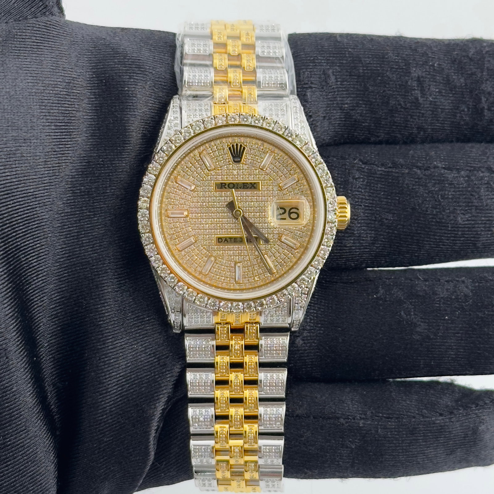 Rolex Prong Diamond Bezel Iced Out Stick Dial Aftermarket Jubilee Watch Ref 1601: Rolex Prong Diamond Bezel Iced Out Stick Dial Aftermarket Jubilee Watch Ref 1601 This Rolex Datejust features an iced out stick dial, prong plated diamond bezel, and an Aftermarket Jubilee bracelet. I