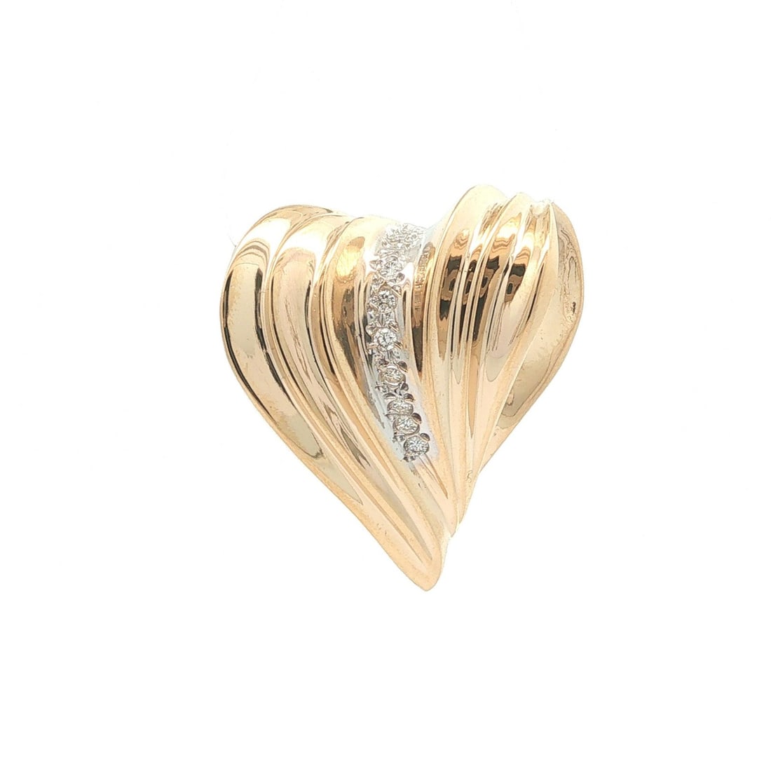 Unbranded 14k Yellow Gold Heart Slide Pendant with 0.20ctw Diamonds: Unbranded 14k Yellow Gold Heart Slide Pendant with 0.20ctw Diamonds Large slide heart pendant crafted in solid 14k yellow gold with white gold accents and set with natural diamonds. The grooved ribbed