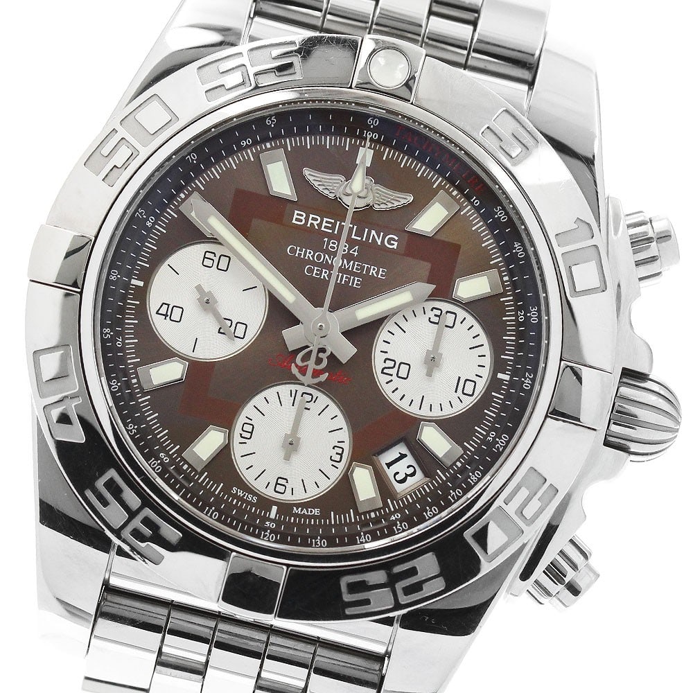 Breitling Chronomat 41 AB0140 automatic chronograph mens wristwatch: Breitling Chronomat 41 AB0140 automatic chronograph mens wristwatch Pre-owned Breitling Chronomat 41 chronograph automatic men's wristwatch with a brown dial and stainless steel case and bracelet. Fea