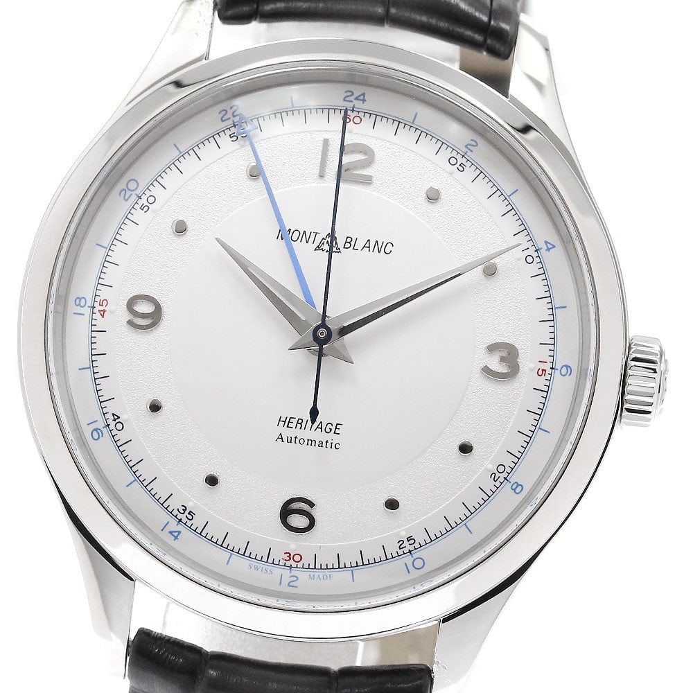 Montblanc Heritage GMT Automatic Wristwatch Ref 7492 119948 Mens: Montblanc Heritage GMT Automatic Wristwatch Ref 7492 119948 Mens Pre-owned Montblanc Heritage GMT automatic men's wristwatch with a silver dial, stainless steel case, and leather band. This watch-only