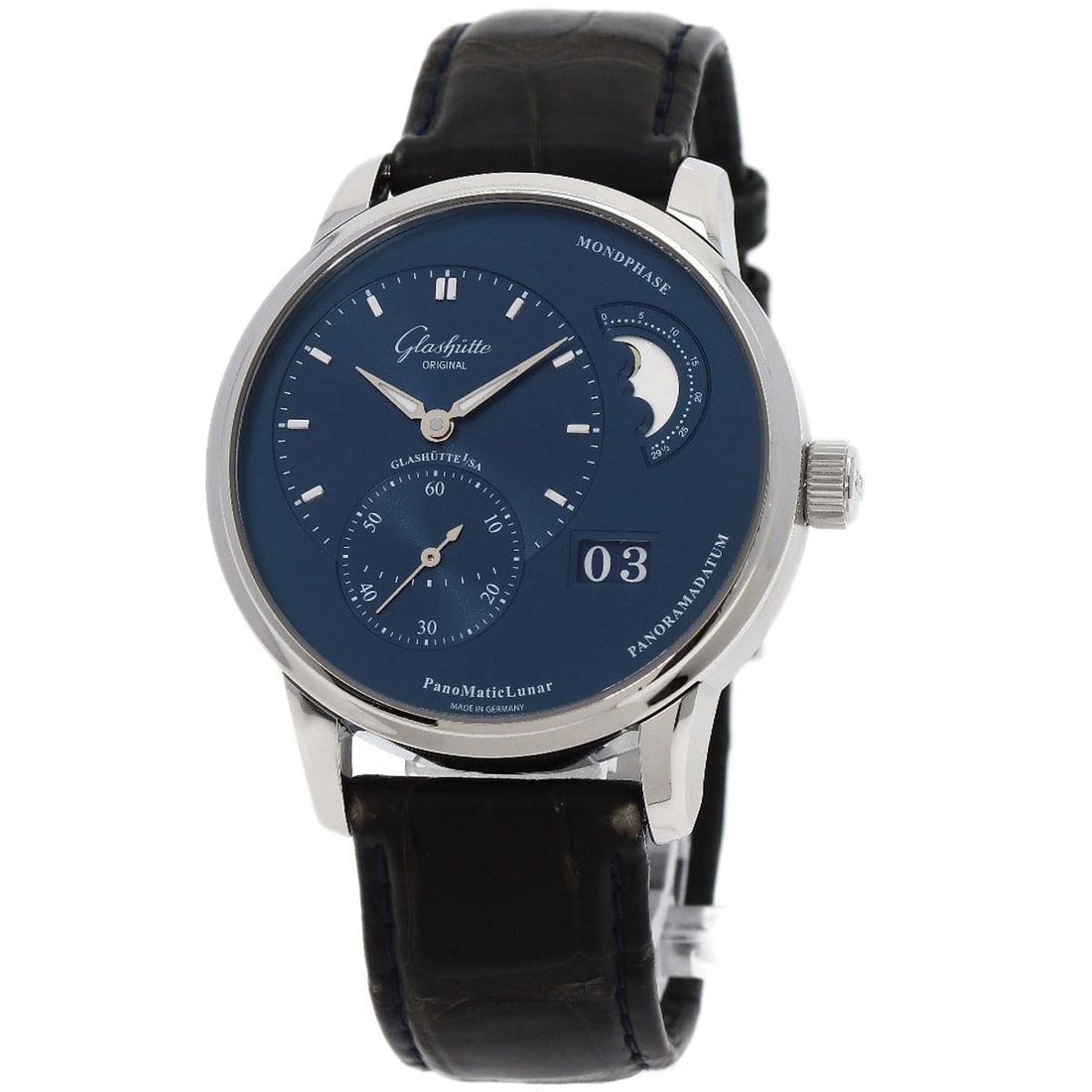 Glashutte Original Panomatic Luna Blue Automatic Mens Wristwatch 1-90-02-46-32-30: Glashutte Original Panomatic Luna Blue Automatic Mens Wristwatch 1-90-02-46-32-30 Glashutte Original Panomatic Luna Blue men's wristwatch, reference 1-90-02-46-32-30, made in Germany. It features a st