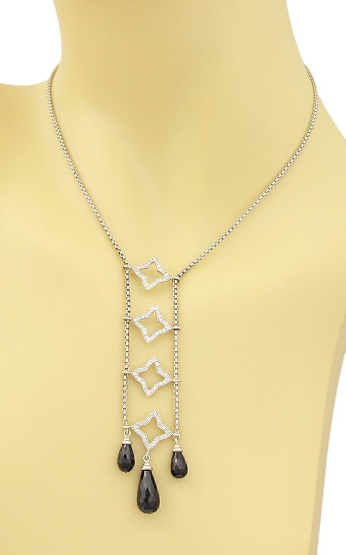 David Yurman Quatrefoil Lariat Necklace Sterling Silver Diamond Onyx Drop: David Yurman Quatrefoil Lariat Necklace Sterling Silver Diamond Onyx Drop Pre-owned David Yurman Quatrefoil Diamond and Briolette Onyx drop necklace in sterling silver. This original signed necklace f