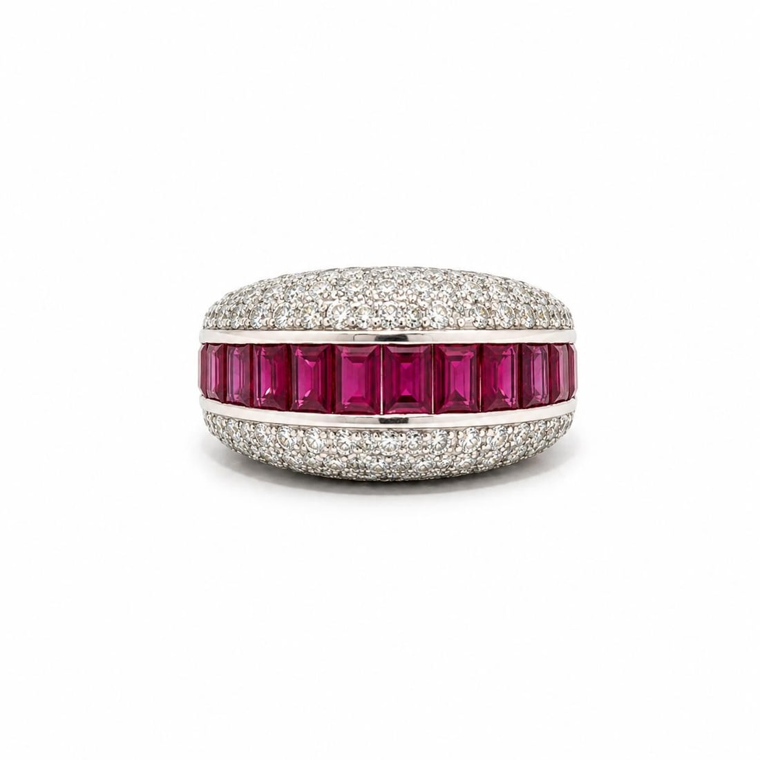 Domed Wide Band Ring in White Gold with Ruby and Pave Diamond 5.25ctw: Domed Wide Band Ring in White Gold with Ruby and Pave Diamond 5.25ctw Domed wide band ring crafted in solid 13-14k white gold, set with baguette-cut natural rubies and numerous pave-set round brillian