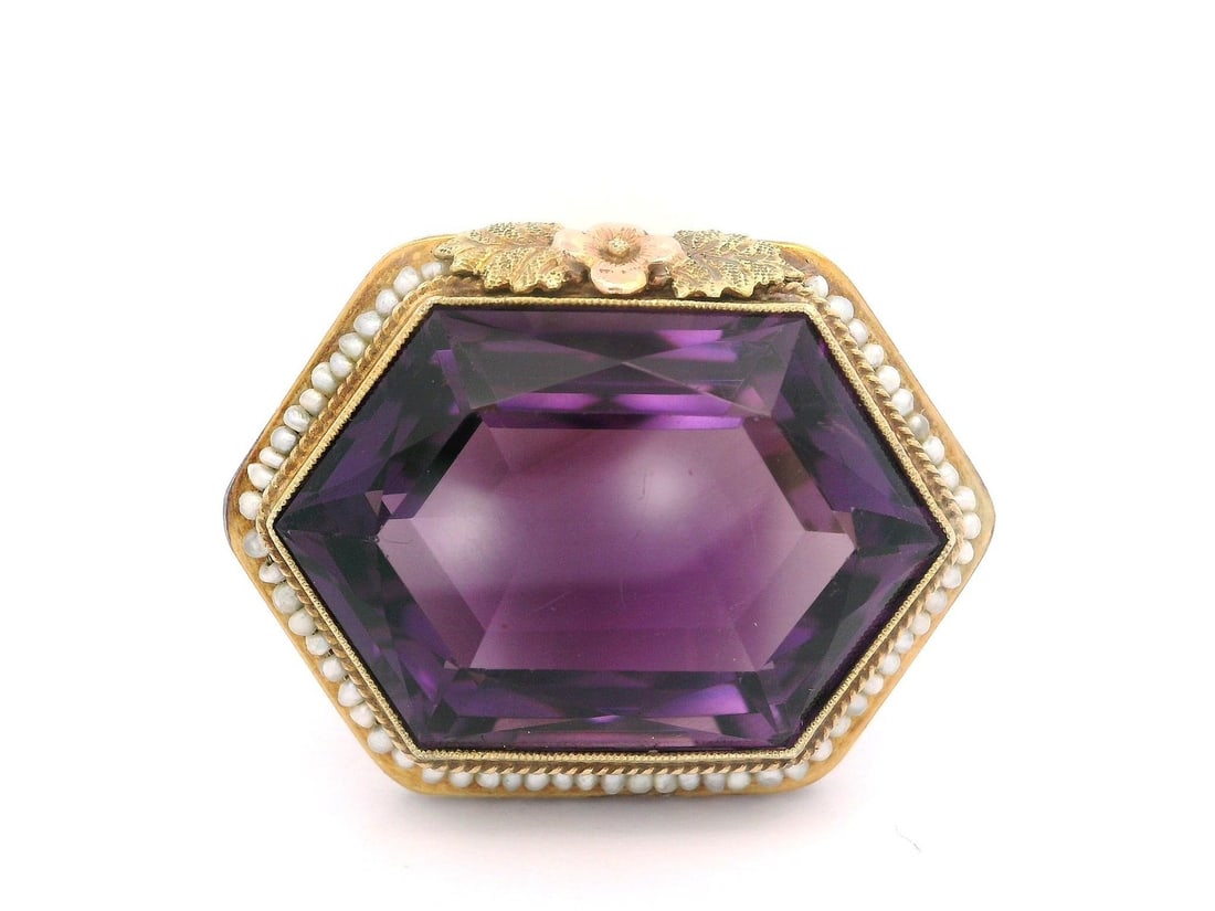 Antique 14k Tri Color Gold Amethyst Seed Pearl Floral Brooch: Antique 14k Tri Color Gold Amethyst Seed Pearl Floral Brooch This exquisite antique brooch features a unique floral design crafted from solid 14k tri-color gold, showcasing a stunning natural amethyst