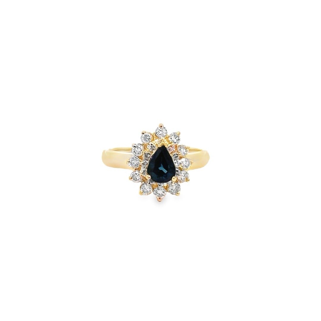 14K Yellow Gold Pear Sapphire Diamond Double Halo Cocktail Ring: 14K Yellow Gold Pear Sapphire Diamond Double Halo Cocktail Ring This stunning 14K Yellow Gold cocktail ring features a captivating pear-shaped natural sapphire, weighing approximately 0.70 carats, set