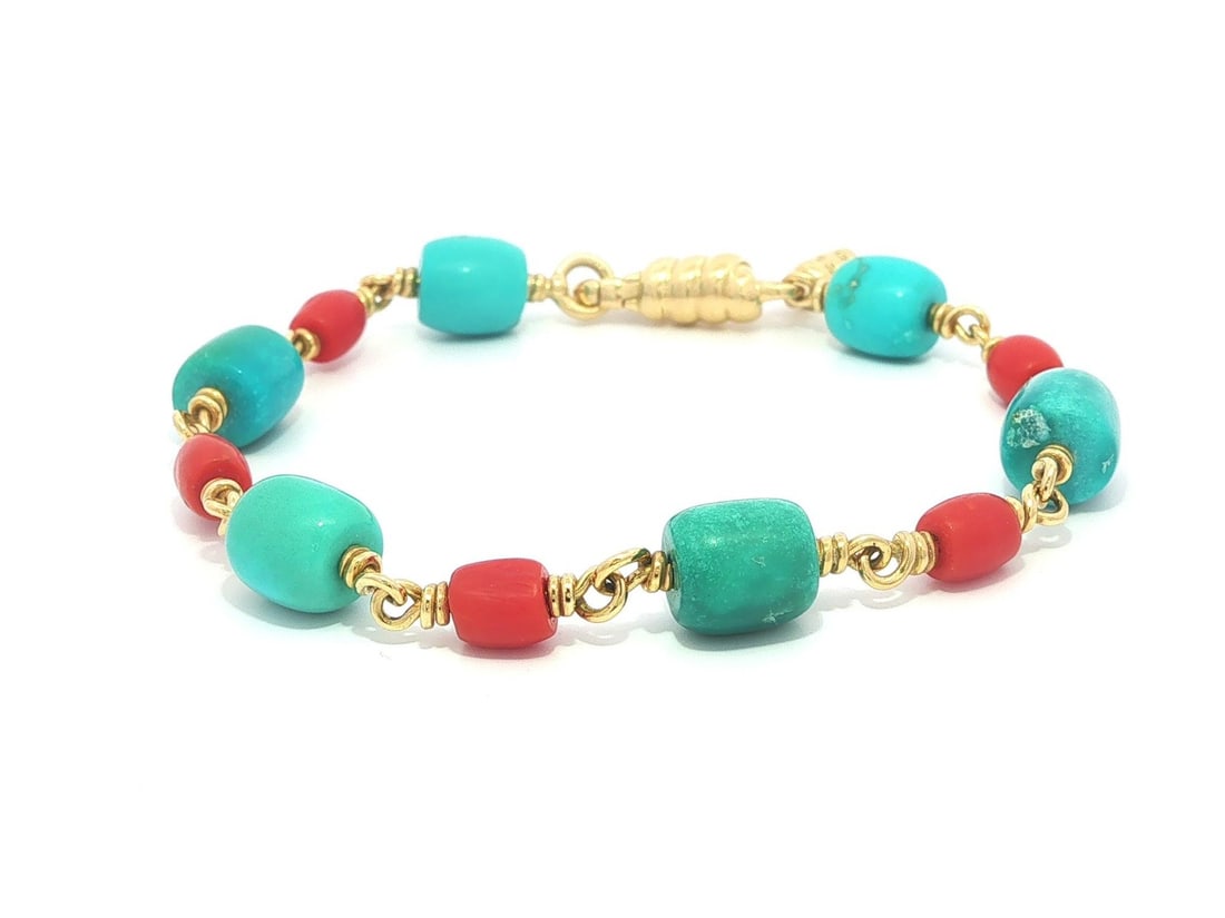 Paul Morelli 14k Yellow Gold Turquoise Coral Link Bracelet (1 of 10)