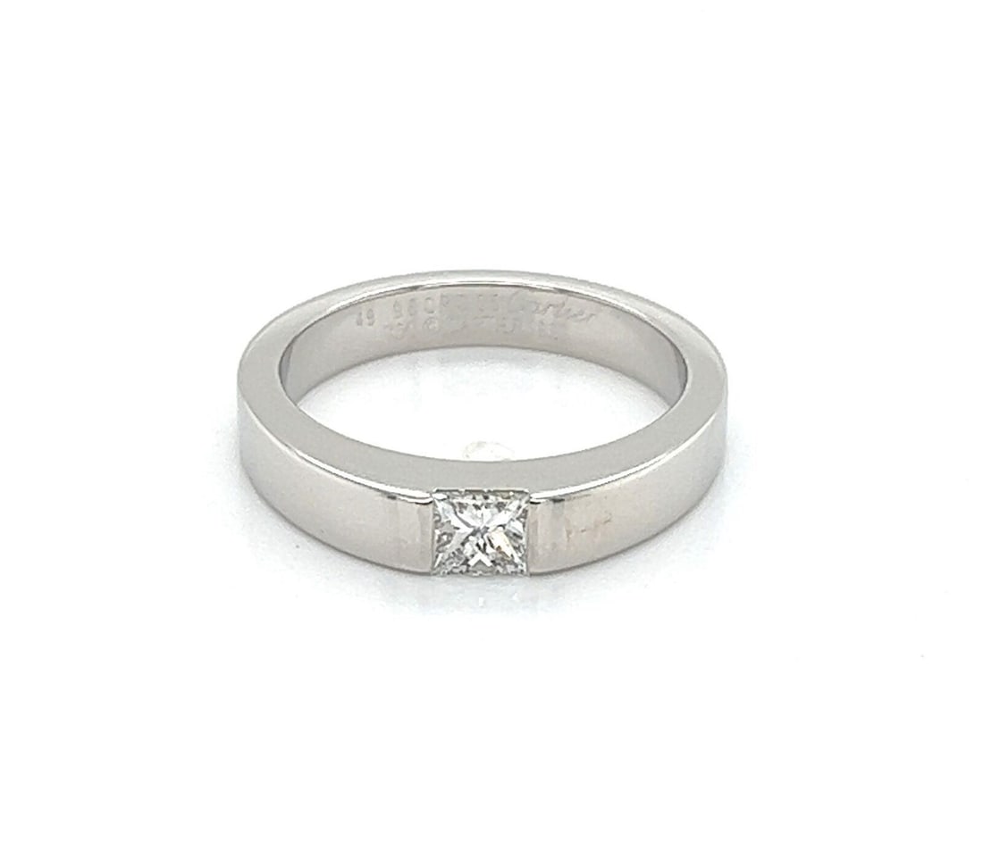 Cartier Tank Diamond Band Ring 18k White Gold 0.25ct Size 4.75: Cartier Tank Diamond Band Ring 18k White Gold 0.25ct Size 4.75 Pre-owned Cartier Tank diamond band ring crafted in solid 18k white gold. This signed ring features a natural princess-cut diamond in a g