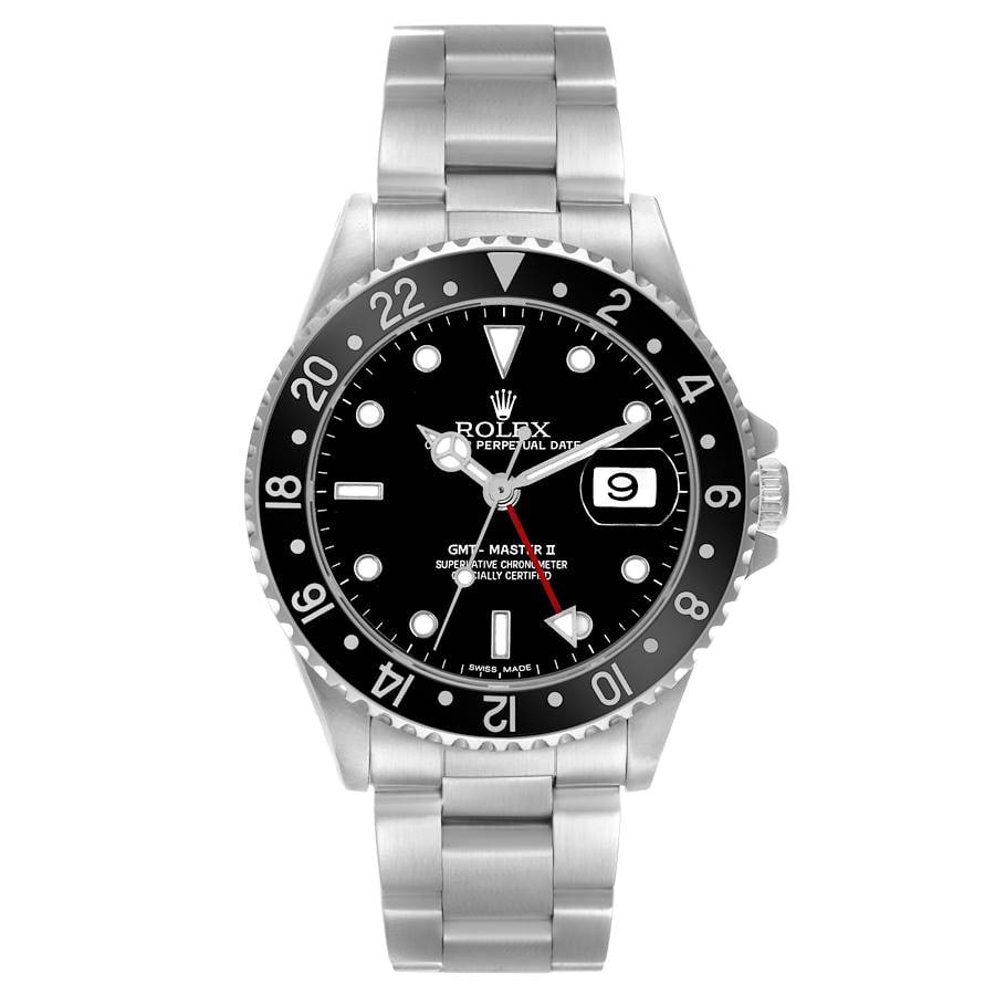 Rolex GMT-Master II 16710 Black Dial Oyster Bracelet Watch with Papers 2001: Rolex GMT-Master II 16710 Black Dial Oyster Bracelet Watch with Papers 2001 This Rolex GMT-Master II features a black dial and a rotating bezel, presented on an Oyster bracelet. The watch is a men's m
