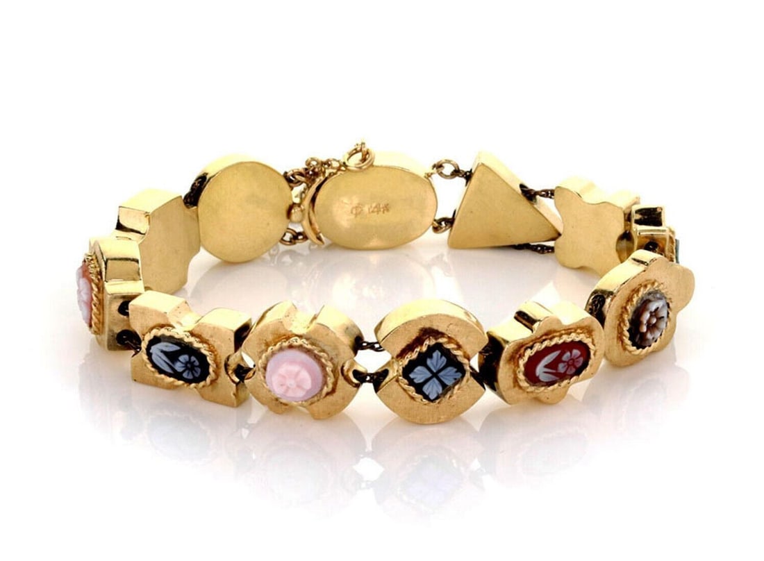 14k Yellow Gold Slide Bracelet with 11 Floral Cameo Charms 7.25" (1 of 4)