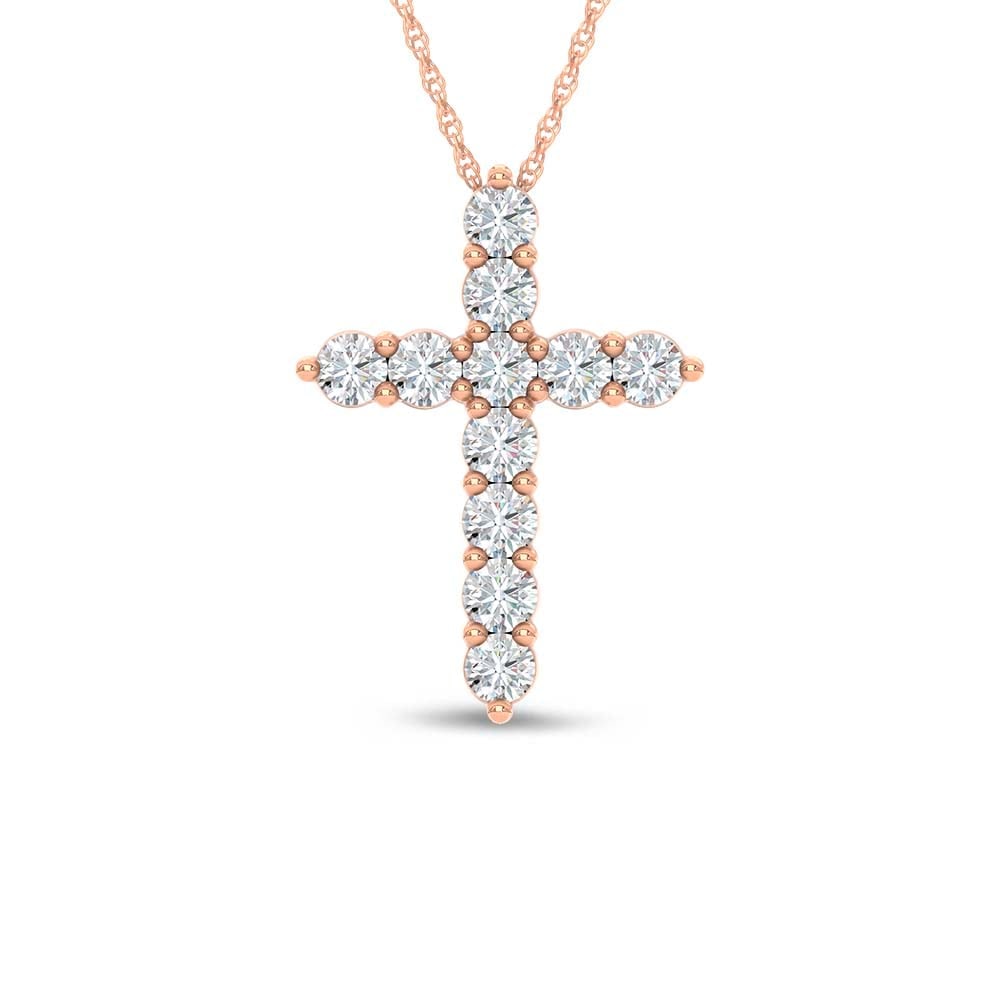 14K Rose Gold Lab Grown Diamond 2 Ct.Tw. Cross Pendant: 14K Rose Gold Lab Grown Diamond 2 Ct.Tw. Cross Pendant Elegant 10K Rose gold cross pendant featuring lab-grown diamonds totaling 2 carat total weight. 14k Rose Gold Stone Color: D-f Stone Clarity: Vs 