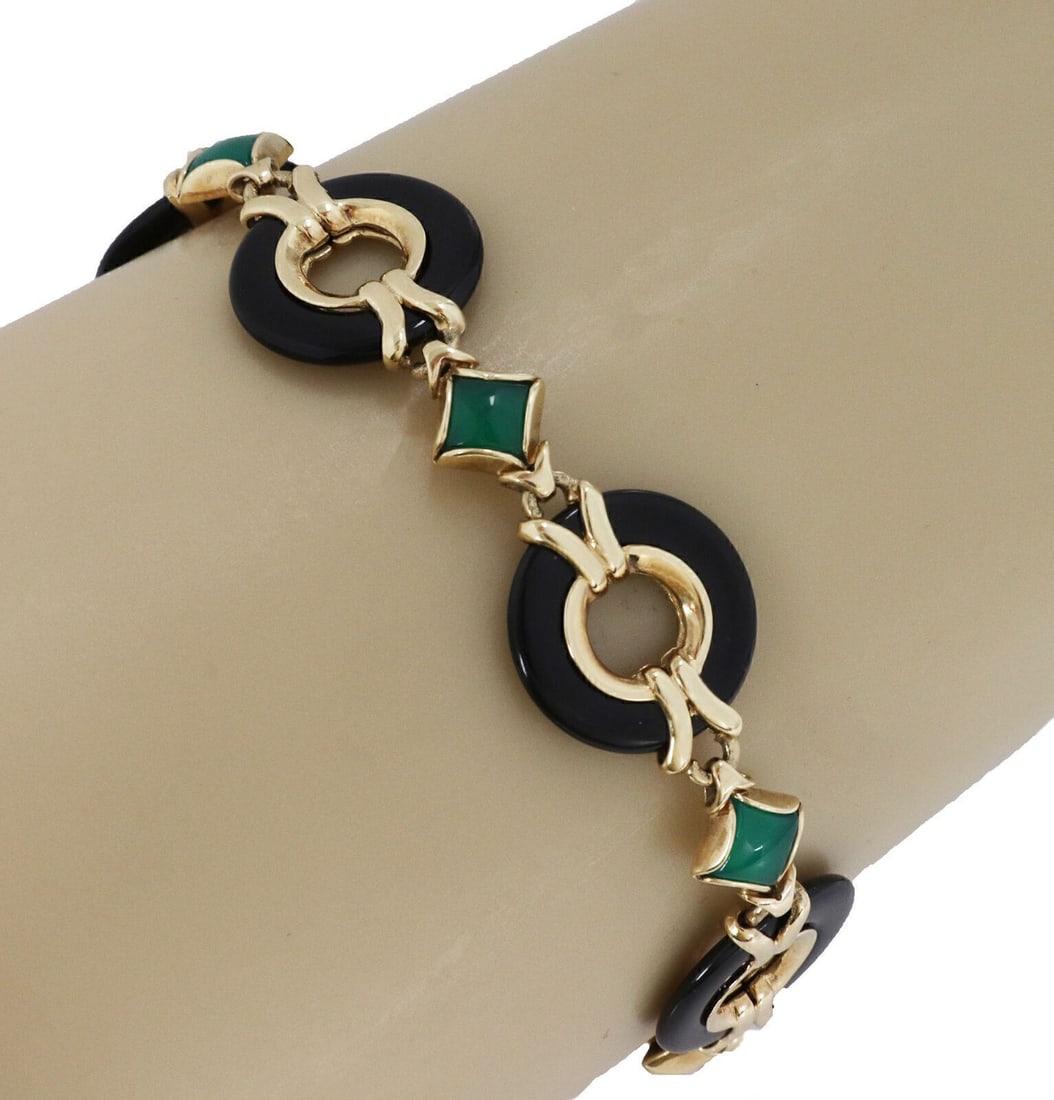 14k Yellow Gold Circle Link Bracelet with Green Black Onyx and Diamonds (1 of 7)