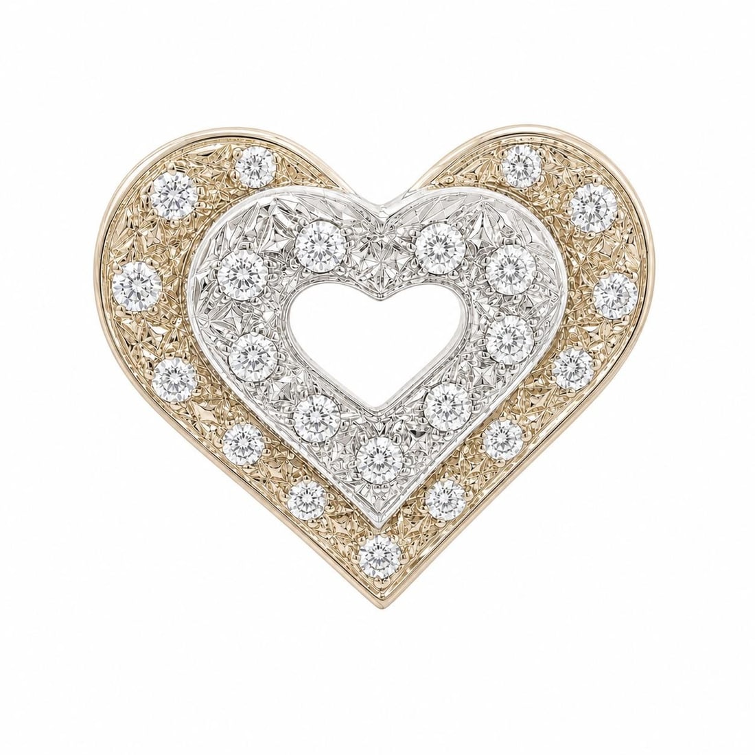 Unbranded 14k Yellow White Gold Dual Heart Diamond Slide Pendant 0.85ctw: Unbranded 14k Yellow White Gold Dual Heart Diamond Slide Pendant 0.85ctw Pre-owned women's slide pendant crafted in solid 14k yellow and white gold, featuring a dual puffed heart design with pave-set 