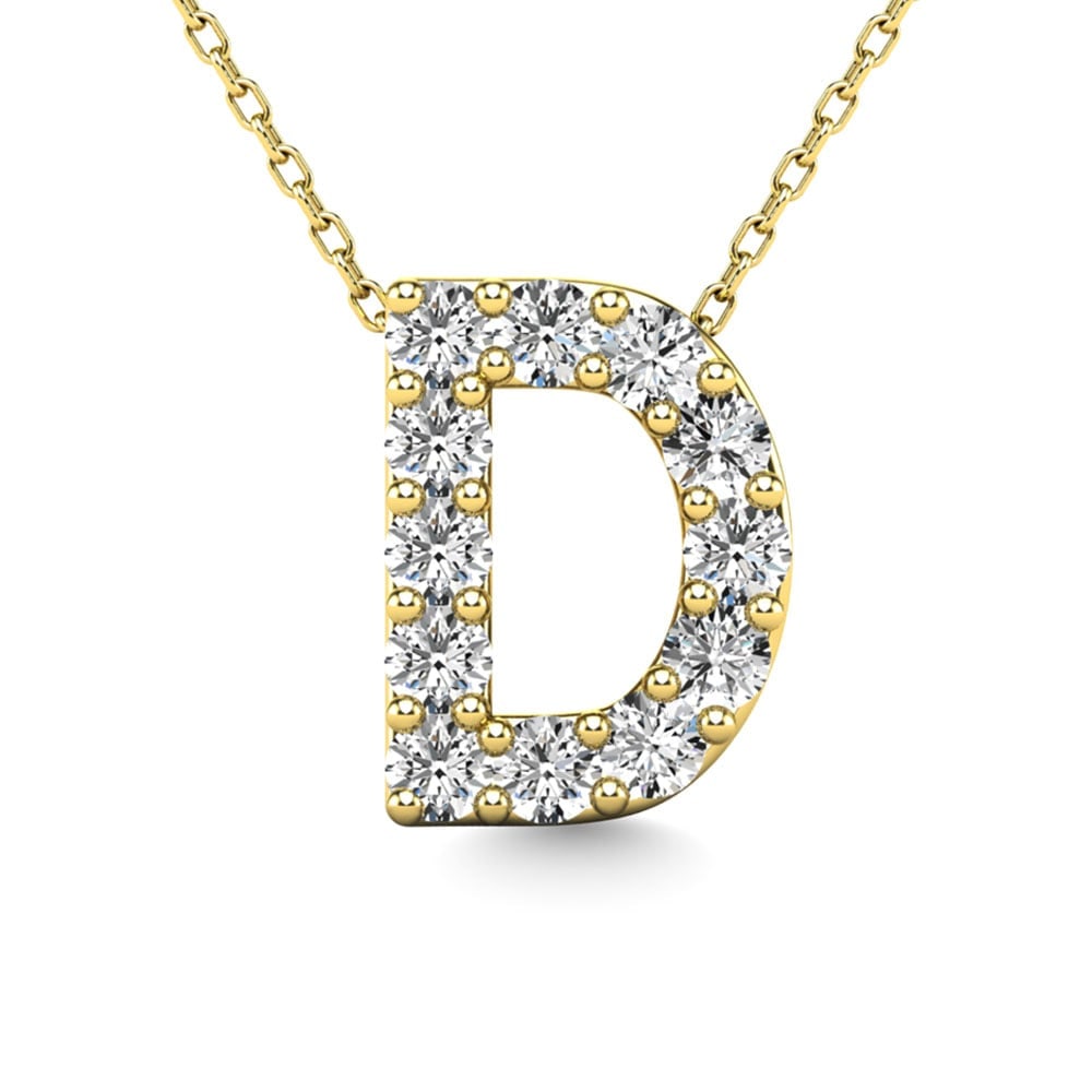 Diamond 1/8 Ct.Tw. Letter D Pendant in 14K Yellow Gold: Diamond 1/8 Ct.Tw. Letter D Pendant in 14K Yellow Gold 14k Yellow Gold Stone Color: G-h Stone Clarity: I1 Unless otherwise specified, pendants that include a chain are paired with our standard 18-inch