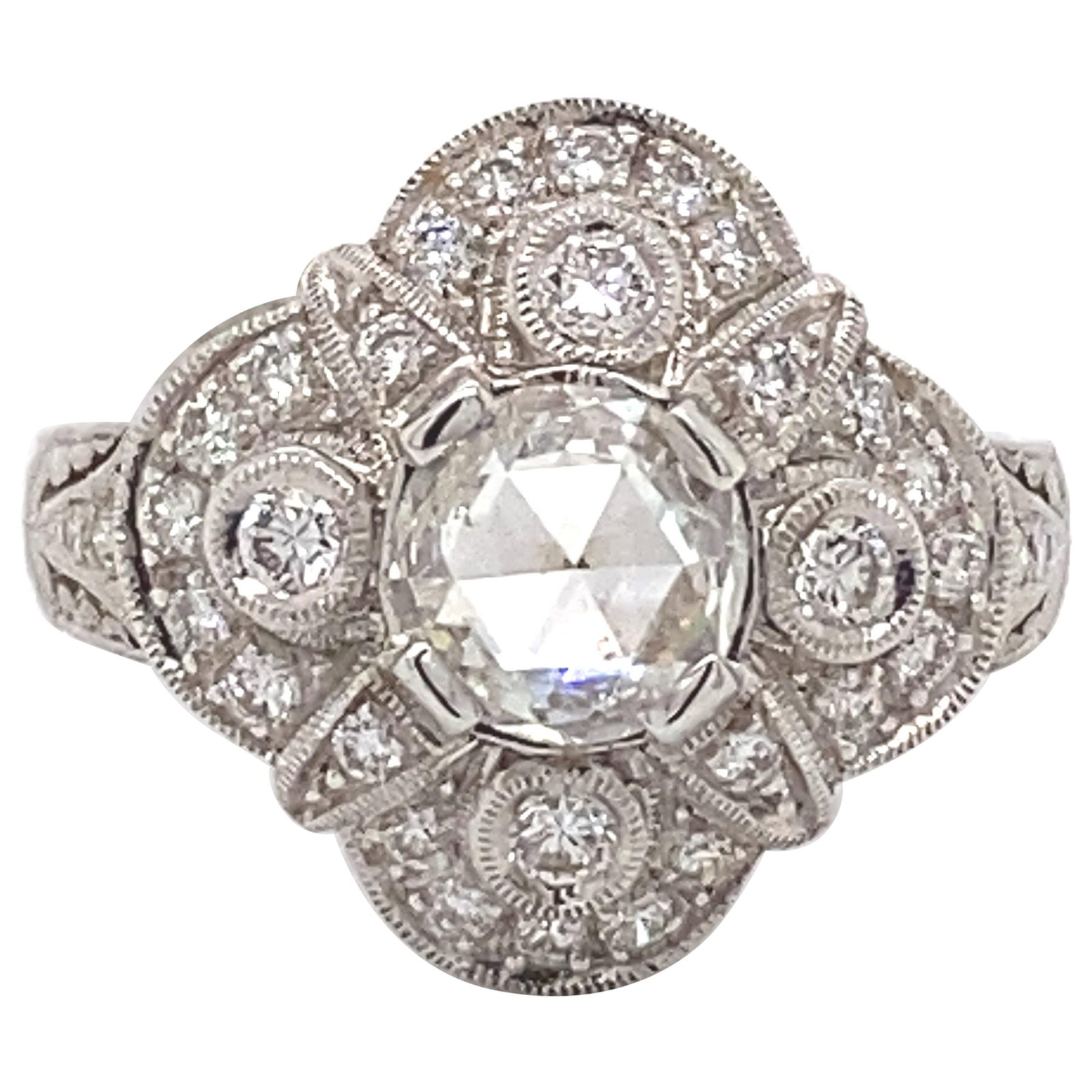 Art Deco 0.85ct Rose Cut Diamond 18k White Gold Ring GIA Appraisal: Art Deco 0.85ct Rose Cut Diamond 18k White Gold Ring GIA Appraisal This exquisite Art Deco style ring features a stunning 0.85 ct rose cut diamond at its center, elegantly complemented by an additiona