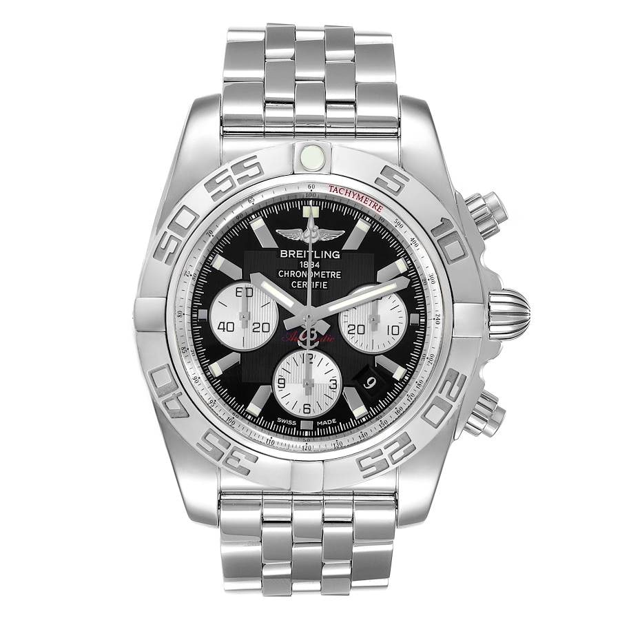 Breitling AB0110 Chronomat mens watch with onyx black dial and steel bracelet: Breitling AB0110 Chronomat mens watch with onyx black dial and steel bracelet Breitling Chronomat men's watch with an onyx black dial, rotating bezel, and stainless steel bracelet. Includes card dated