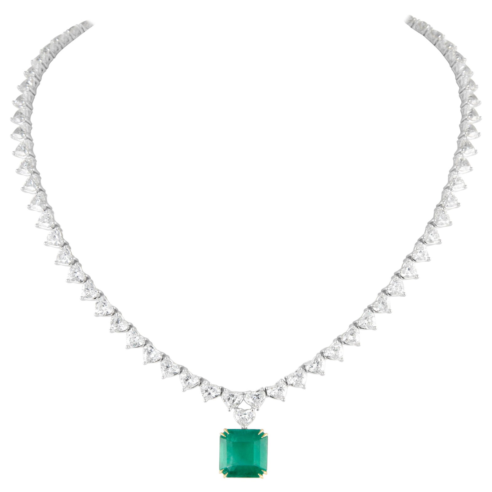 29.54ct Emerald Diamond Drop Necklace 18k White Gold: 29.54ct Emerald Diamond Drop Necklace 18k White Gold This stunning contemporary drop necklace features a remarkable 29.54 carats of gemstones, including a GIA certified 6.04 carat Brazilian emerald cu
