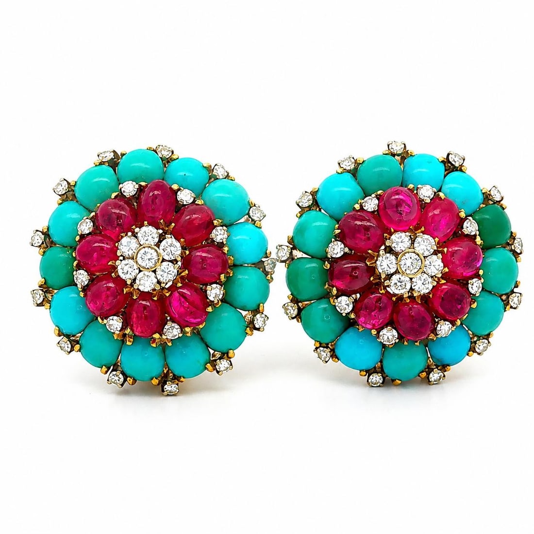 Vintage Unbranded 18k Yellow Gold Clip-On Earrings Turquoise Ruby Diamond Floral: Vintage Unbranded 18k Yellow Gold Clip-On Earrings Turquoise Ruby Diamond Floral Vintage flower cluster clip-on earrings crafted in solid 18k yellow gold with white gold backs. The design features nat