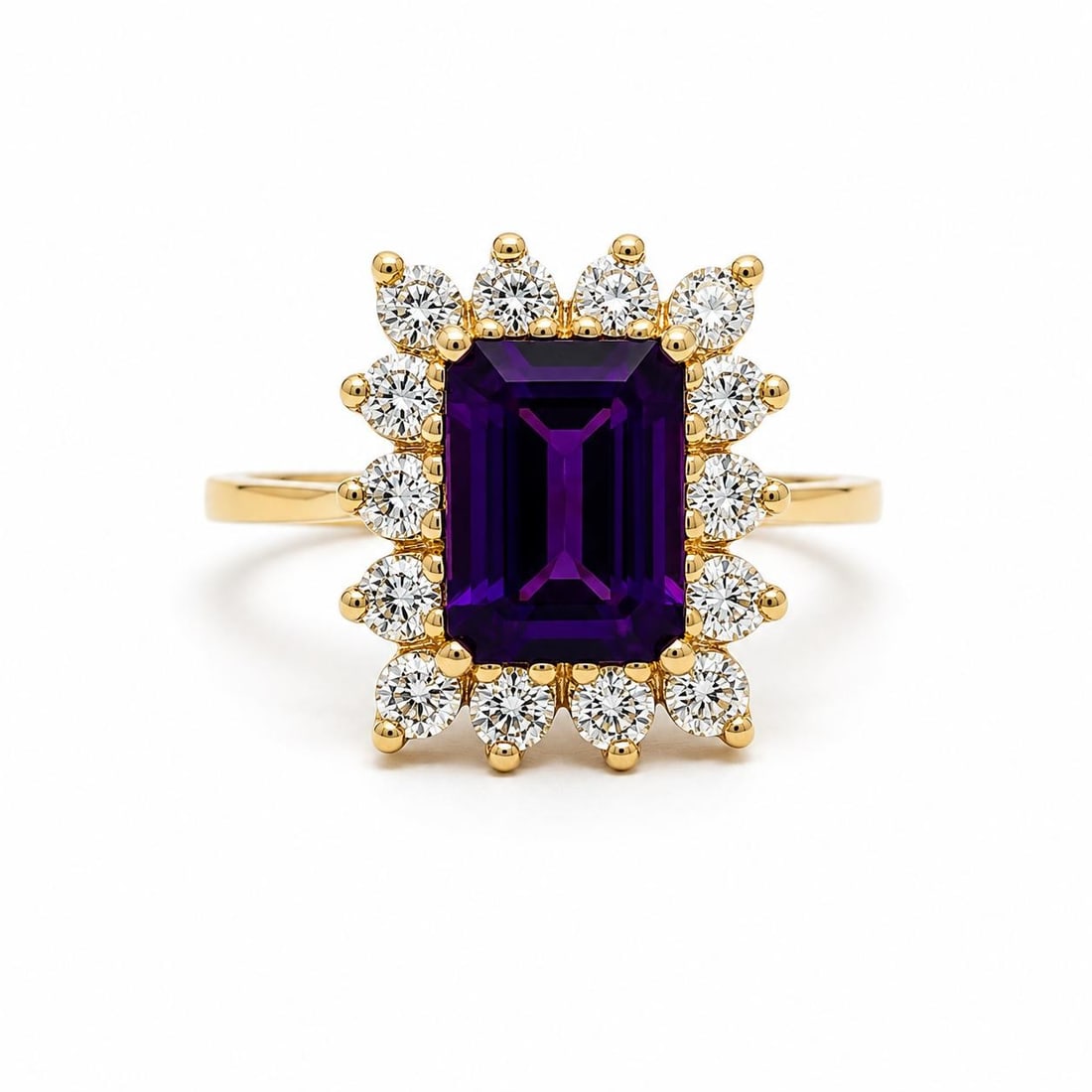 Unbranded 14k Yellow Gold Cocktail Ring Amethyst Diamond Halo: Unbranded 14k Yellow Gold Cocktail Ring Amethyst Diamond Halo Cocktail ring featuring a natural emerald-cut amethyst in a rich royal purple color, framed by a rectangular halo of natural diamonds. Cra