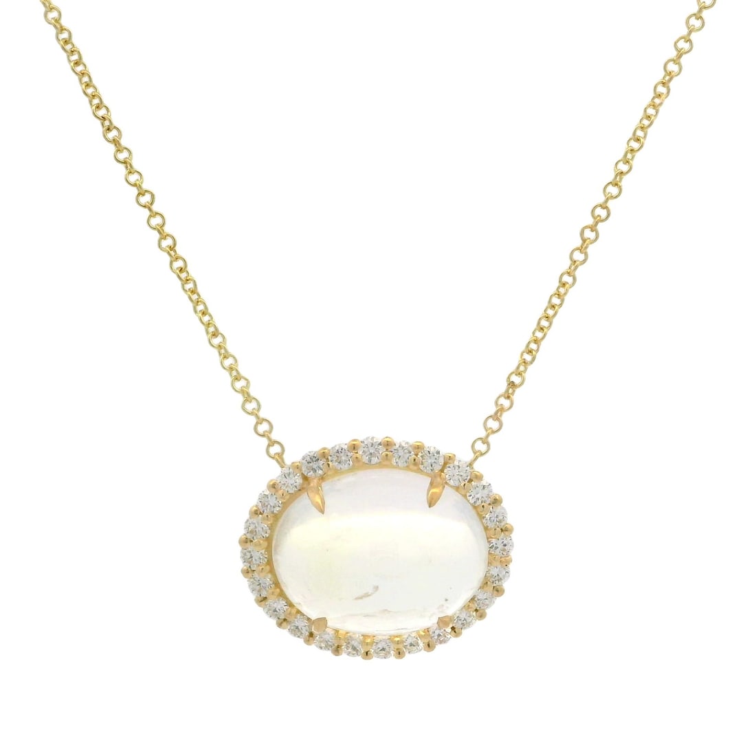 18k Yellow Gold Moonstone Diamond Halo Pendant Necklace 5.21ctw: 18k Yellow Gold Moonstone Diamond Halo Pendant Necklace 5.21ctw This exquisite pendant necklace features a stunning 5.21 carat total weight, showcasing a natural genuine moonstone with an oval cabocho
